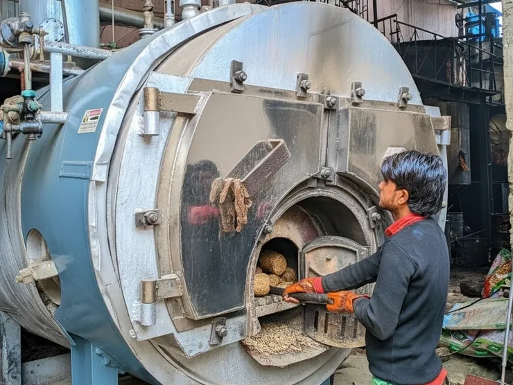 Worker feeding the boiler furnace